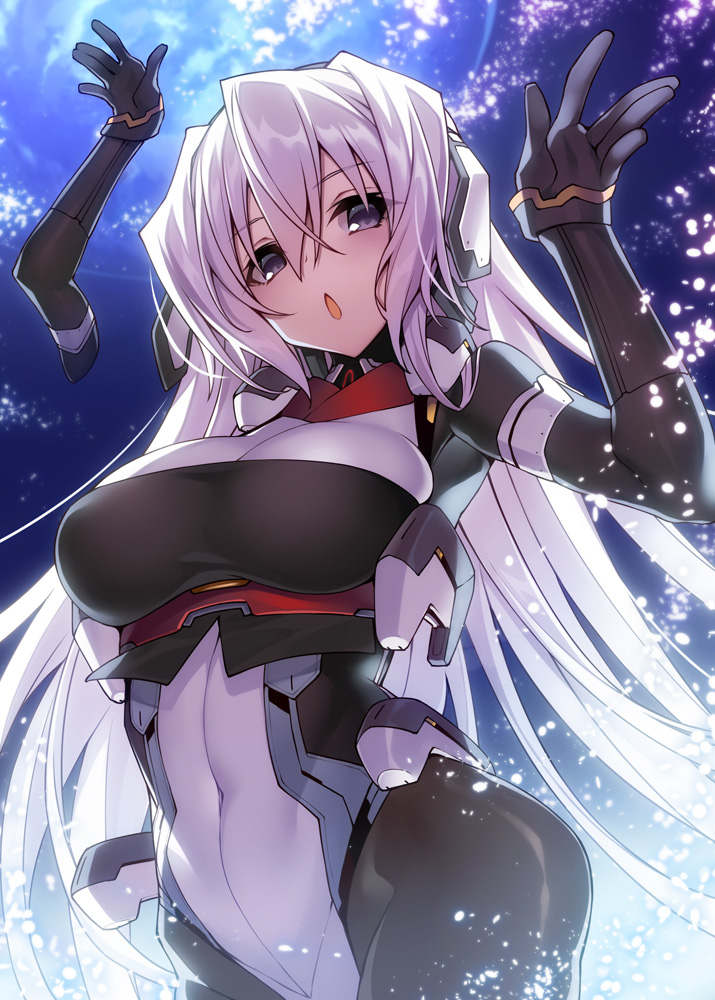 1girl bodysuit breasts covered_navel cowboy_shot detached_arm female_focus grey_eyes greyscale hair_between_eyes horizon_ariadust kodama_yuu kyoukaisenjou_no_horizon large_breasts long_hair monochrome open_mouth prosthesis solo very_long_hair