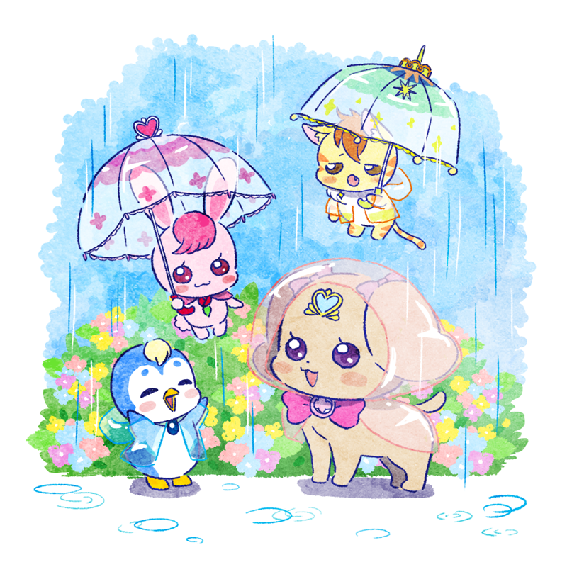 bird cat closed_mouth commentary_request day dog flower healin&#039;_good_precure healing_animal heart holding holding_umbrella hoppetoonaka3 latte_(precure) no_humans nyatoran_(precure) open_mouth pegitan_(precure) penguin precure purple_eyes rabbit rabirin_(precure) rain raincoat umbrella