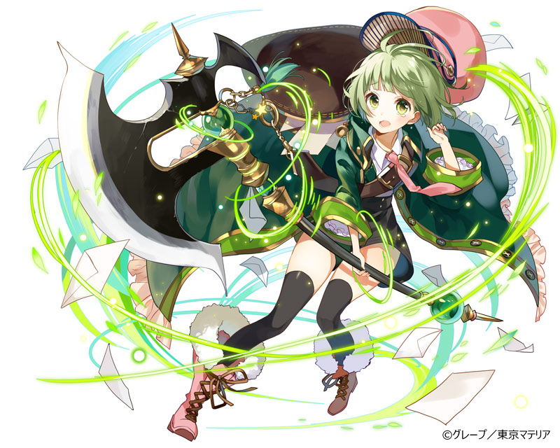 1girl axe black_legwear female_focus green_eyes green_hair hat looking_at_viewer matching_hair/eyes neckerchief original school_uniform shoes short_hair solo weapon yuzuki_kihiro