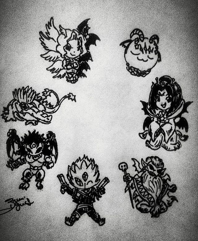 barbamon beelzebumon belphemon belphemon_sleep_mode demon demon_(digimon) demon_girl digimon digimon_(creature) fallen_angel leviamon lilithmon lucemon_falldown_mode mark_of_evil monochrome seven_great_demon_lords sketch traditional_media wings