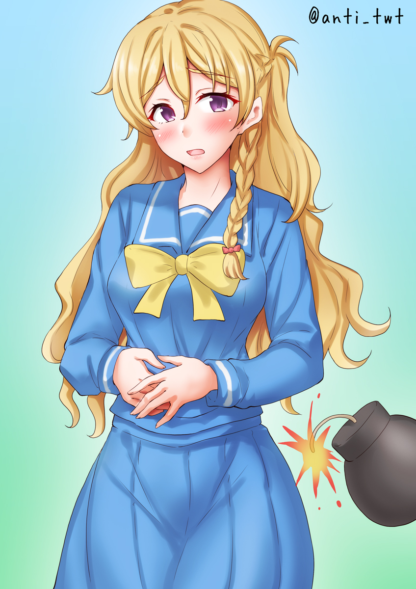 1girl anti_(untea9) blonde_hair blue_background blue_sailor_collar blue_serafuku blue_shirt blue_skirt blue_sleeve_cuffs bomb bow braid brown_eyes cosplay cowboy_shot explosive gradient_background highres kantai_collection kirameki_high_school_uniform long_hair looking_at_viewer one-hour_drawing_challenge pleated_skirt sailor_collar sailor_shirt school_uniform serafuku shirt single_braid skirt solo standing striped_sleeve_cuffs tokimeki_memorial tokimeki_memorial_1 twitter_username two-tone_sleeve_cuffs wavy_hair yellow_bow zara_(kancolle)
