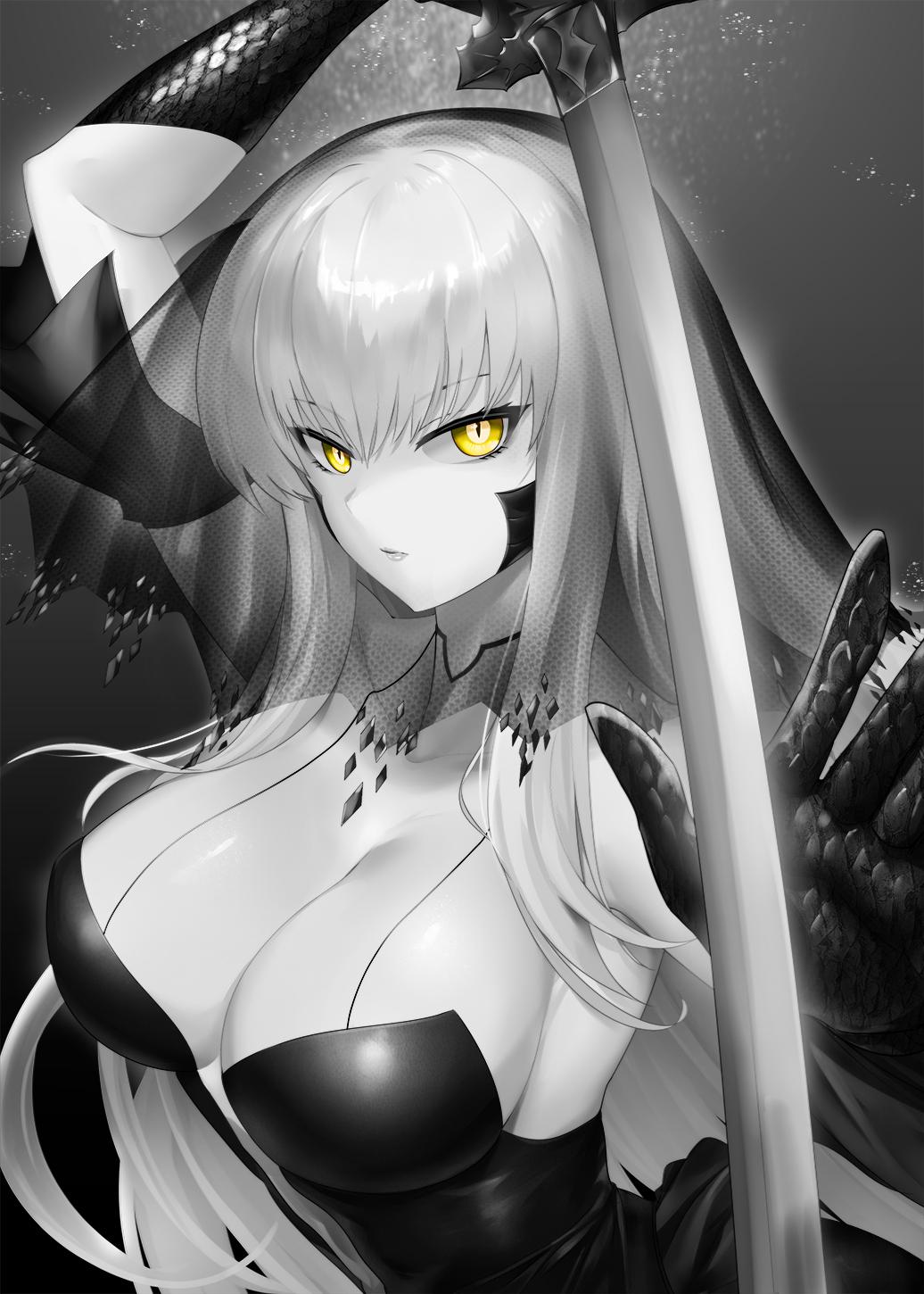 1girl arm_up armpits black_veil blade_(brown_dust) breasts brown_dust_(series) brown_dust_2 cleavage closed_mouth dress dtcy elbow_gloves eyebrows_hidden_by_hair full_body gloves hair_between_eyes highres holding holding_sword holding_weapon large_breasts lipstick long_hair looking_at_viewer makeup partially_colored scale_print simple_background slit_pupils sword upper_body veil very_long_hair weapon yellow_eyes