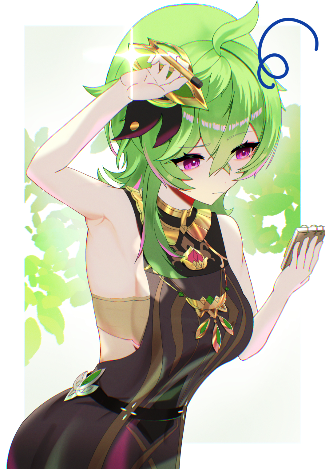 1girl ahoge arm_up armpits bare_arms bare_shoulders black_dress border bra breasts brown_bra collei_(genshin_impact) commentary dress genshin_impact green_hair hair_ornament hands_up highres holding holding_pen leaf medium_hair outside_border pen purple_eyes rerute_(lerte_6) small_breasts solo squiggle underwear upper_body white_border