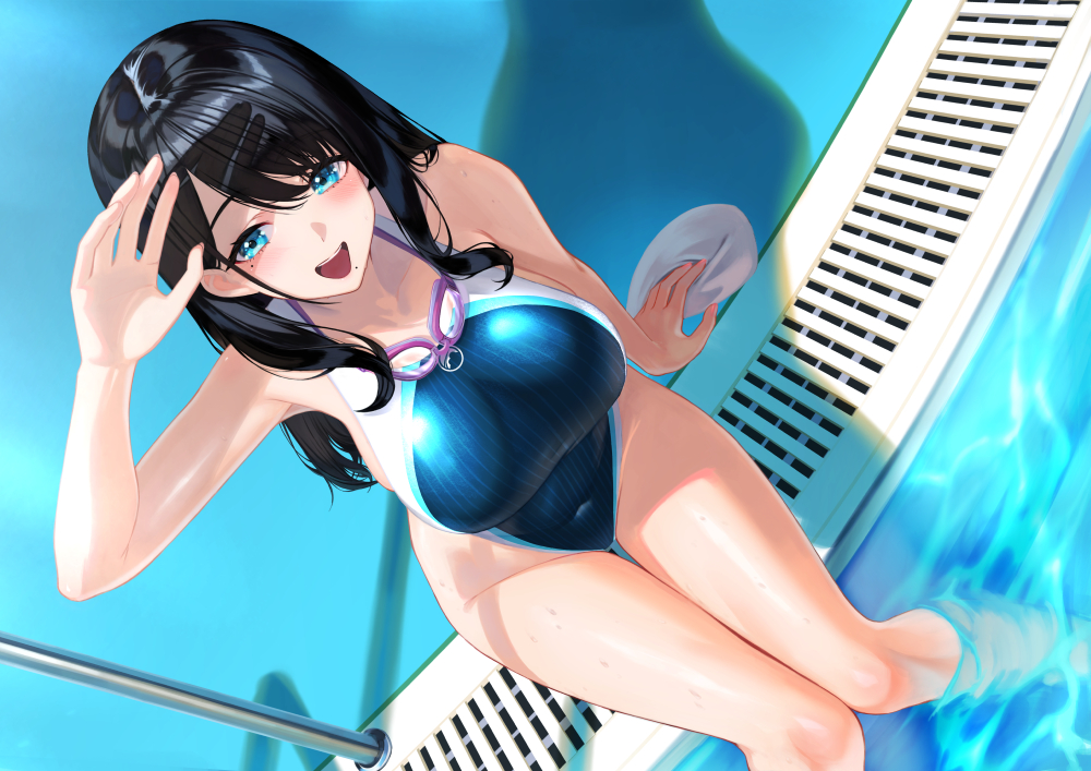 1girl black_hair blue_eyes blue_one-piece_swimsuit breasts competition_swimsuit covered_navel dutch_angle from_above goggles goggles_around_neck highleg highleg_one-piece_swimsuit kuusou_(pixiv108012674) large_breasts long_hair one-piece_swimsuit open_mouth original poolside round_teeth soaking_feet solo striped_clothes striped_one-piece_swimsuit swimsuit teeth unworn_swim_cap upper_teeth_only water