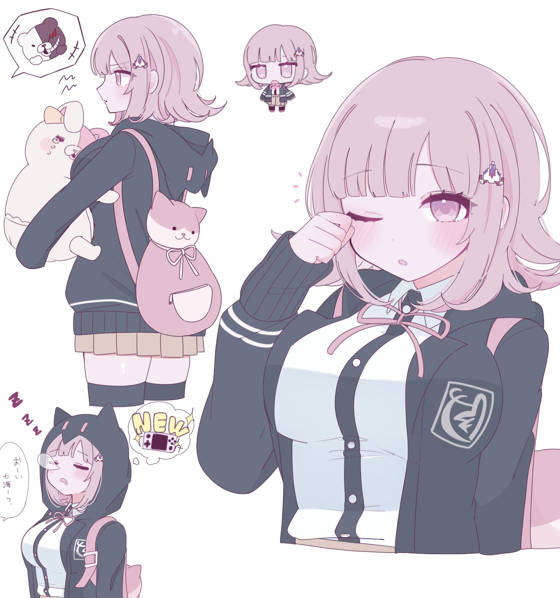 1girl ;o animal_bag blush breasts brown_hair brown_skirt cat_bag chi_gu chibi collared_shirt danganronpa_(series) danganronpa_2:_goodbye_despair flipped_hair galaga hair_ornament highres hood jacket long_sleeves looking_at_viewer medium_hair monokuma monomi_(danganronpa) multiple_views neck_ribbon one_eye_closed open_clothes open_jacket pink_bag pink_eyes pink_ribbon pleated_skirt ribbon shirt skirt sleeping sleeping_upright spaceship_hair_ornament thighhighs white_shirt zettai_ryouiki