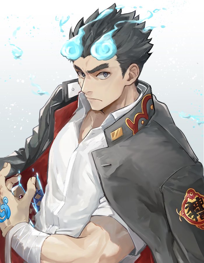1boy bandaged_arm bandages bara black_eyes black_hair black_jacket blue_fire closed_mouth collared_shirt commentary fiery_horns fire gakuran gradient_background grey_background hair_slicked_back horns jacket jacket_on_shoulders looking_at_viewer male_focus muscular muscular_male sakimori_toji school_uniform shirt short_hair short_sleeves solo tass_commuovere thick_eyebrows tokyo_houkago_summoners upper_body white_background white_shirt