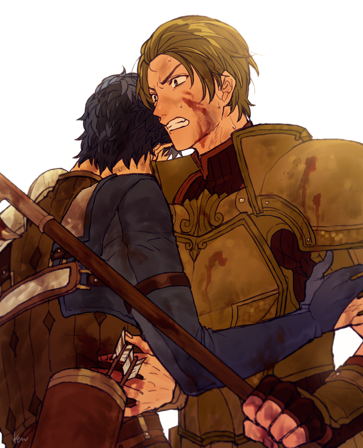 2boys akke armor arrow_(projectile) blood blue_hair fingerless_gloves fire_emblem fire_emblem_echoes:_shadows_of_valentia forsyth_(fire_emblem) gloves green_armor green_eyes green_hair hug male_focus multiple_boys nintendo polearm python_(fire_emblem) quiver simple_background spear teeth weapon white_background
