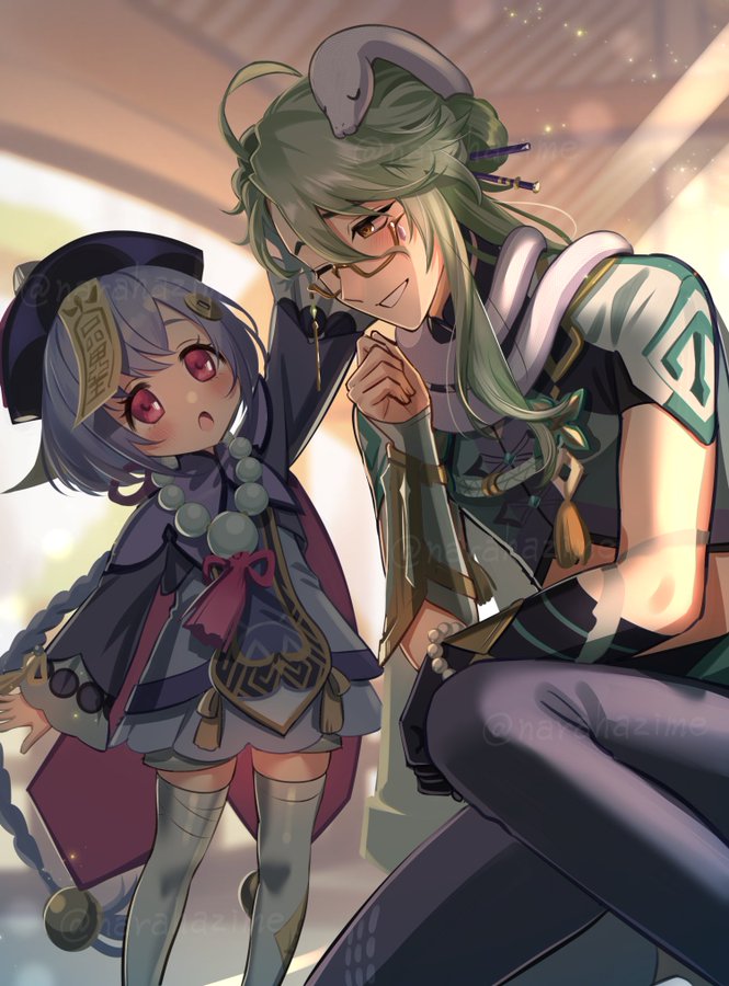 1boy 1girl :3 :o artist_name baizhu_(genshin_impact) bead_bracelet bead_necklace beads bracelet braid braided_ponytail changsheng_(genshin_impact) closed_eyes dress genshin_impact glasses green_hair hair_between_eyes hair_ornament hat headpat jewelry jiangshi kneeling long_sleeves midriff narahazime necklace one_eye_closed open_mouth pants purple_dress purple_eyes purple_hair purple_pants qingdai_guanmao qiqi_(genshin_impact) semi-rimless_eyewear shirt short_sleeves smile snake talisman tassel thighhighs watermark watermark_grid white_snake white_thighhighs yellow_eyes