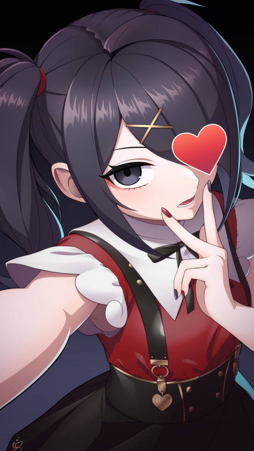 ame-chan_(needy_girl_overdose) armpits hair_ornament hair_tie heart highres jirai_kei multicolored_nails needy_girl_overdose red_shirt shirt simple_background skirt suspender_skirt suspenders taba_neruko x_hair_ornament
