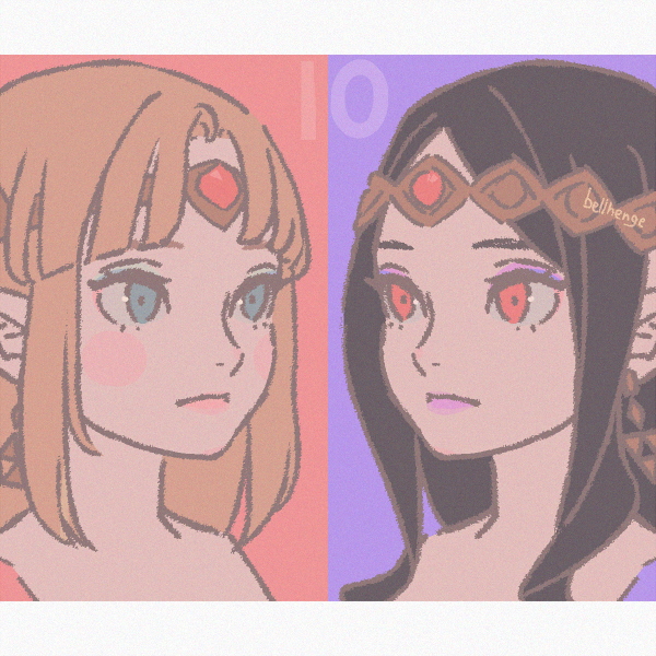2girls armor bellhenge blonde_hair blue_eyes circlet earrings jewelry long_hair looking_at_viewer multiple_girls necklace nintendo pointy_ears princess_hilda princess_zelda purple_background purple_hair red_background red_eyes simple_background the_legend_of_zelda the_legend_of_zelda:_a_link_between_worlds tiara