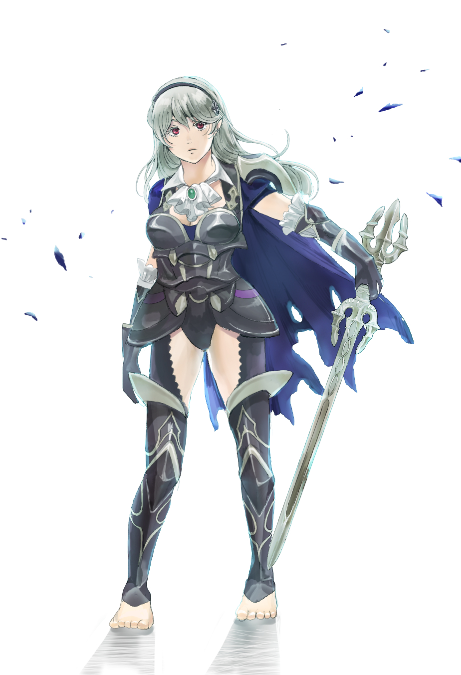 1girl armor armored_leotard bavaa black_armor black_hairband blue_cape brooch cape female_corrin_(fire_emblem) female_corrin_(nohr_noble)_(fire_emblem) fire_emblem fire_emblem_fates fire_emblem_heroes gauntlets hairband highres jewelry leotard long_hair nintendo pointy_ears toeless_legwear torn_cape torn_clothes torn_leotard yato_(fire_emblem)