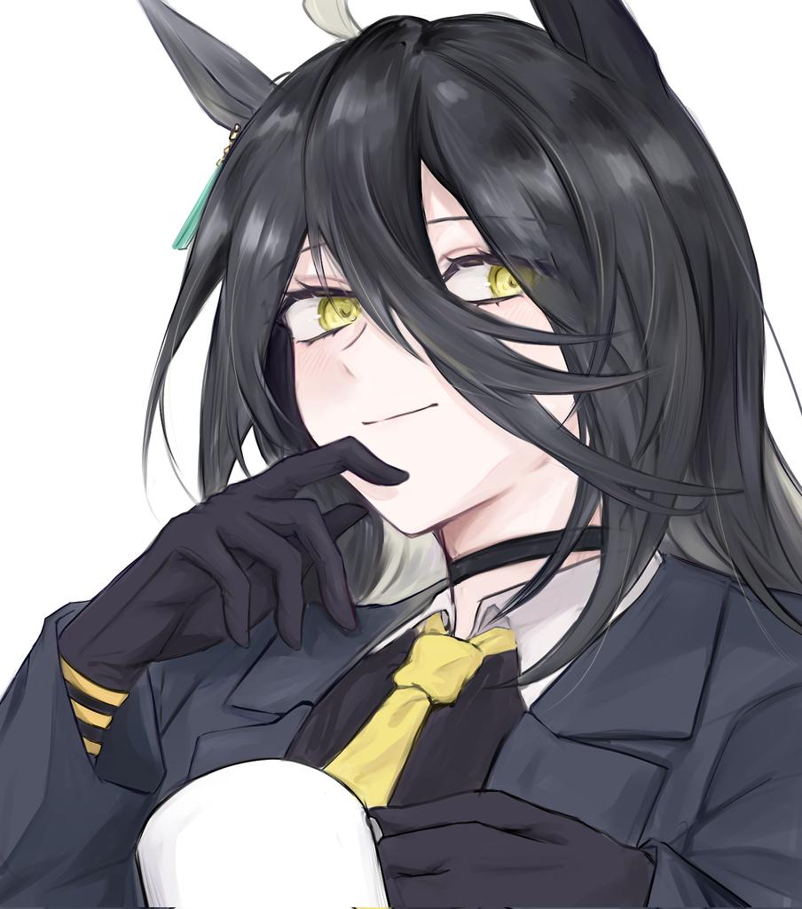 1girl ahoge animal_ears black_choker black_coat black_gloves black_shirt choker closed_mouth coat collared_shirt cup earrings english_text engrish_text gloves hair_between_eyes hand_to_own_mouth hand_up holding holding_cup horse_ears horse_girl jewelry llllrentllll long_bangs long_hair long_hair_between_eyes long_sleeves manhattan_cafe_(umamusume) mug multicolored_hair necktie open_clothes open_coat ranguage shirt simple_background single_earring smile solo umamusume white_background white_hair yellow_eyes yellow_necktie