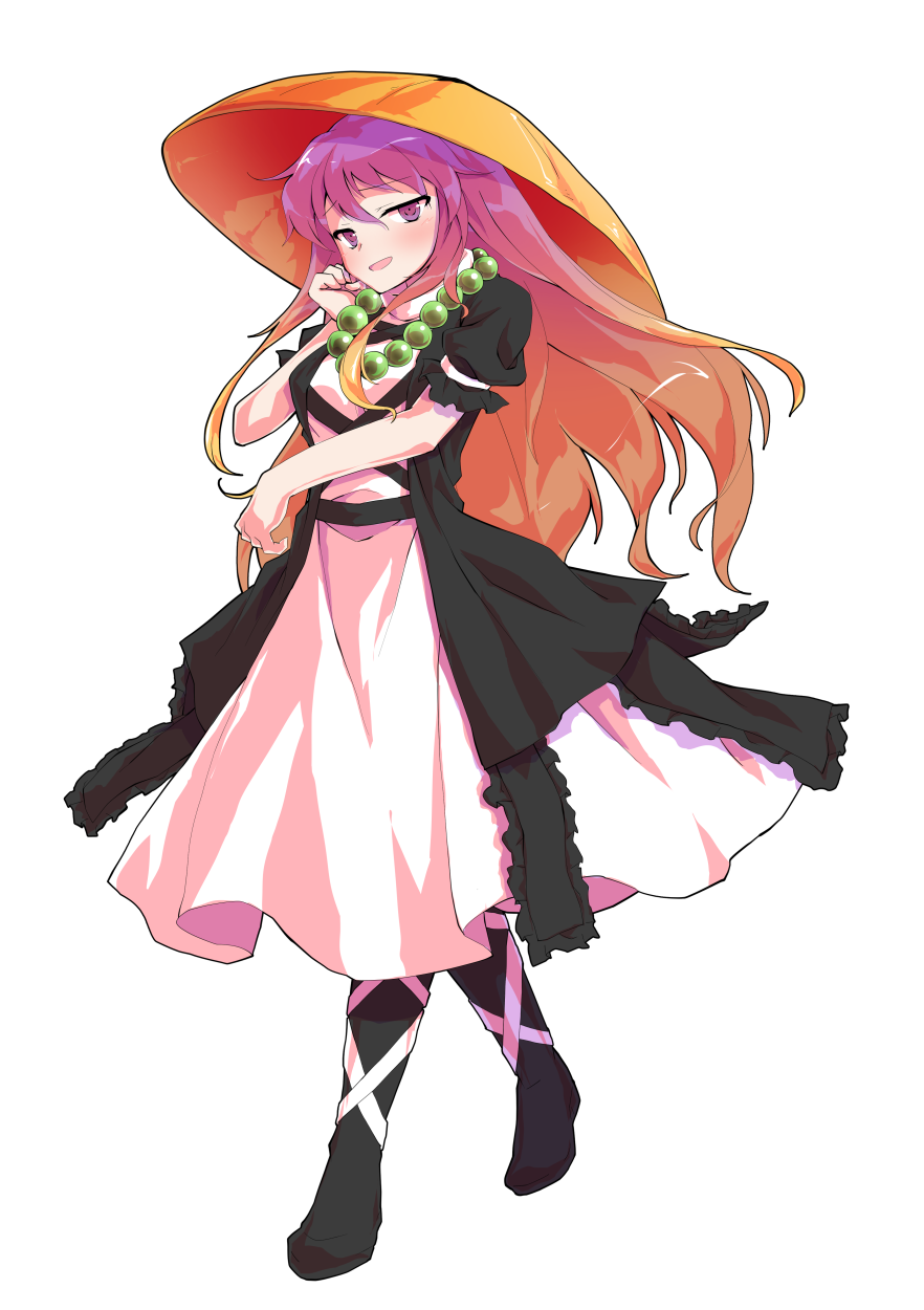 1girl ajirogasa bead_necklace beads black_boots boots dairi dress full_body gradient_hair hat highres hijiri_byakuren jewelry multicolored_hair necklace prayer_beads puffy_short_sleeves puffy_sleeves purple_eyes purple_hair short_sleeves solo tachi-e touhou two-tone_hair white_dress