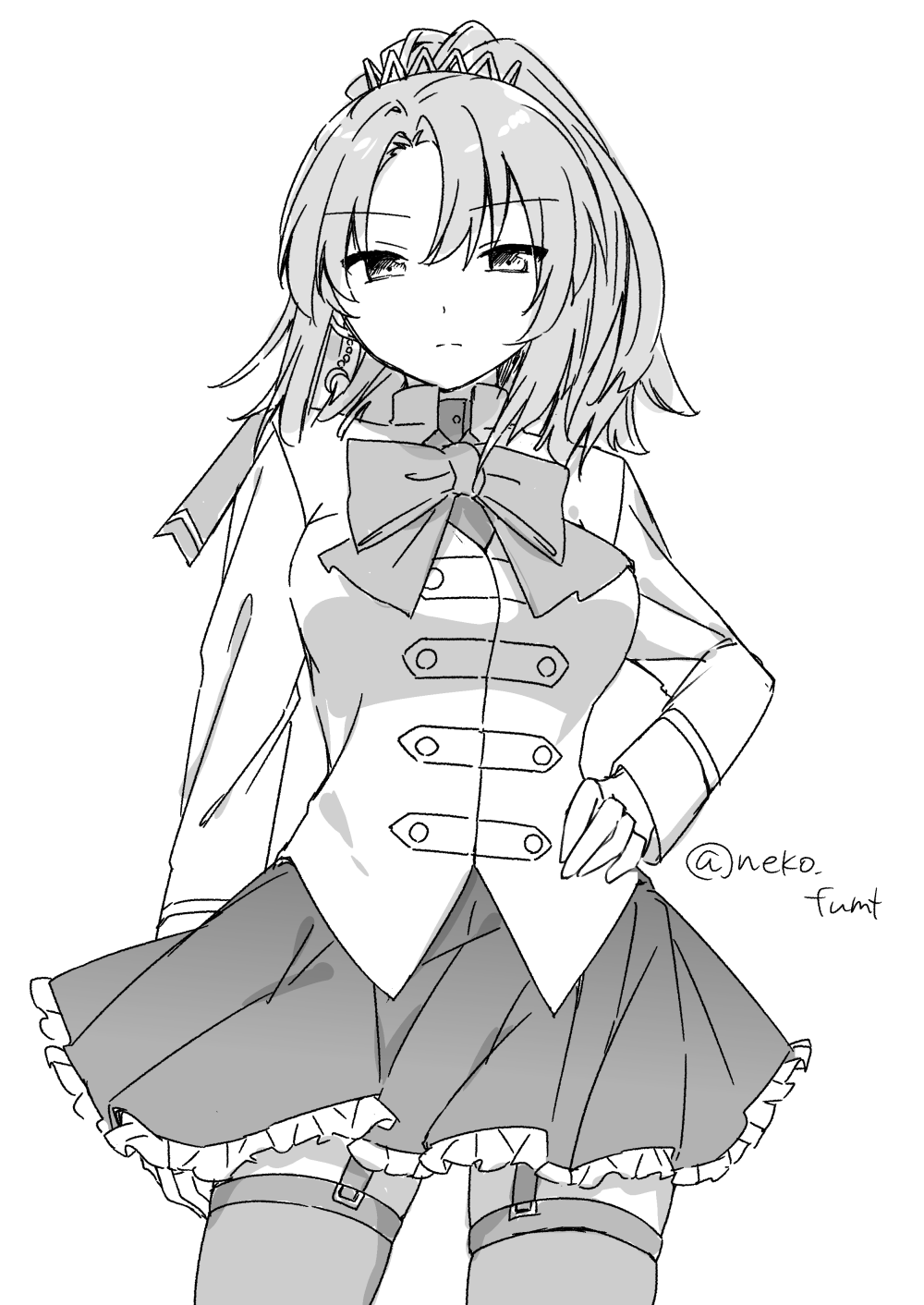 1girl arm_at_side assault_lily benini bow bowtie breasts closed_mouth commentary cowboy_shot crescent crescent_earrings earrings frilled_skirt frills garter_straps greyscale hair_between_eyes hair_ornament hand_on_own_hip herensuge_girls_academy_school_uniform high_ponytail highres jacket jewelry long_sleeves looking_at_viewer makino_mitake medium_breasts medium_hair miniskirt monochrome parted_bangs ponytail school_uniform simple_background single_earring skirt solo standing thighhighs twitter_username white_background zettai_ryouiki