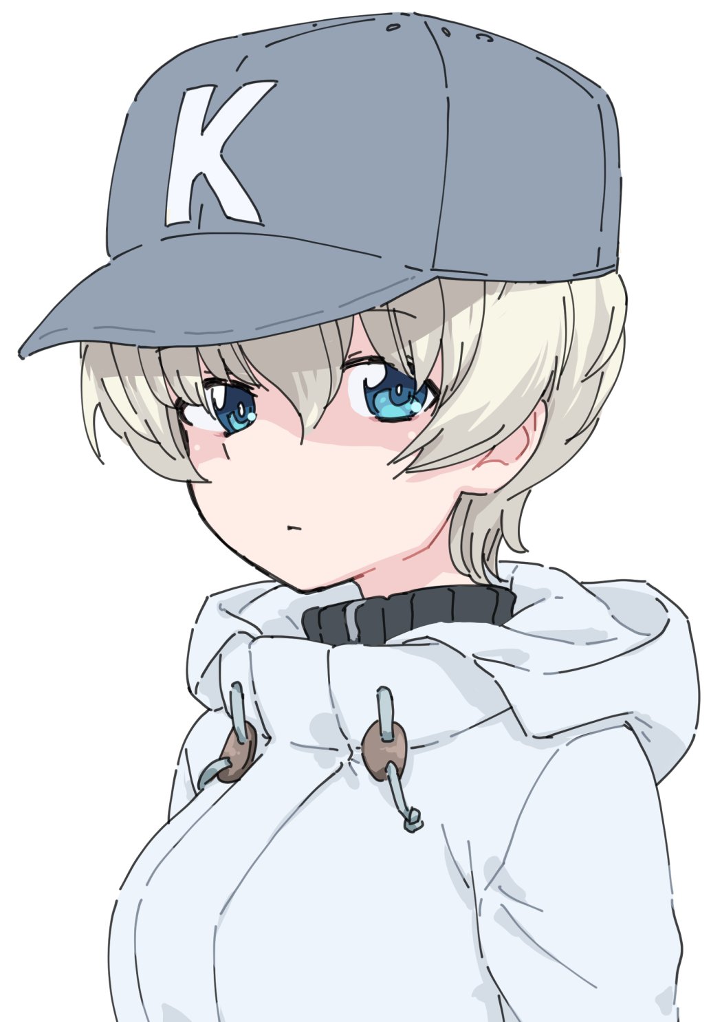 1girl blonde_hair blue_eyes breasts closed_mouth girls_und_panzer highres hood hoodie large_breasts looking_at_viewer monolith_(suibou_souko) short_hair simple_background solo upper_body white_background youko_(girls_und_panzer)