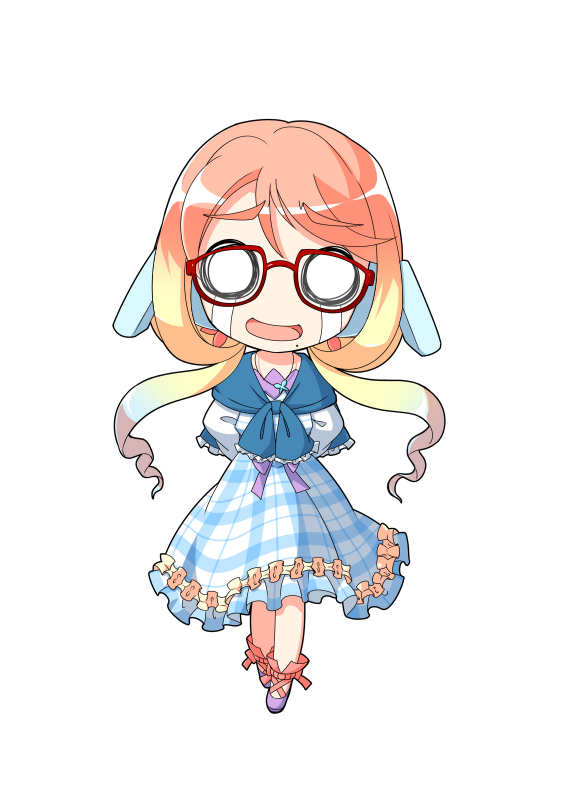 1girl ankle_lace-up arms_behind_back blonde_hair blue_dress chibi chibi_only commentary_request cross-laced_shoes crying dairi dress frilled_dress frills full_body glasses gradient_hair hair_ornament haruno_sora jewelry large_variant_set long_hair long_sleeves looking_at_viewer mole mole_under_mouth multicolored_hair o_o open_mouth pendant plaid_clothes plaid_dress purple_shoes red-framed_eyewear red_ribbon ribbon shoes smile solo standing straight-on streaming_tears tachi-e tears transparent_background variant_set vocaloid voiceroid