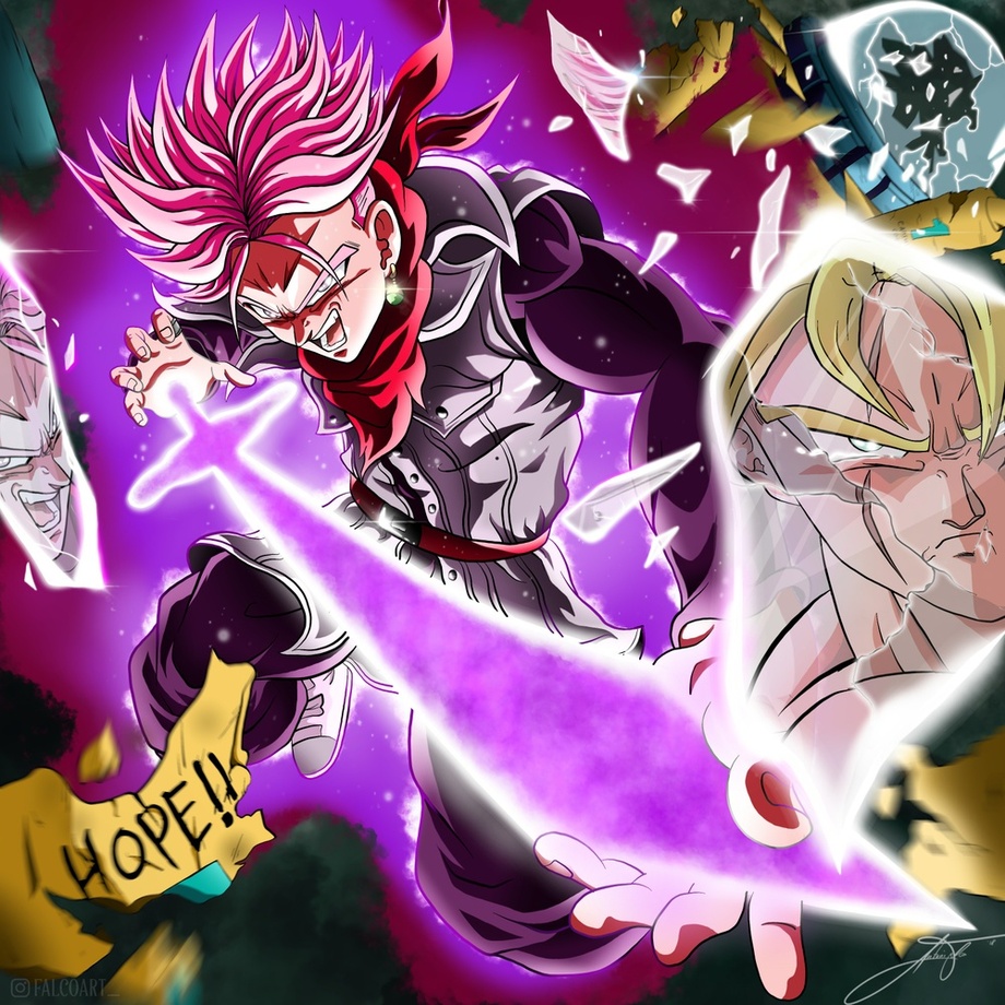 angry aura bandana belt black_vest blonde_hair bodysuit boots cosplay dark_aura dragon_ball dragon_ball_super earrings energy_sword evil_smile falcoart glass goku_black goku_black_(cosplay) hair_between_eyes jewelry long_sleeves muscular muscular_male pink_hair possessed potara_earrings purple_aura scar scar_across_eye scar_on_face smile son_gohan_(future) super_saiyan super_saiyan_rose sword tears time_machine trunks_(dragon_ball) trunks_(future)_(dragon_ball) vest weapon
