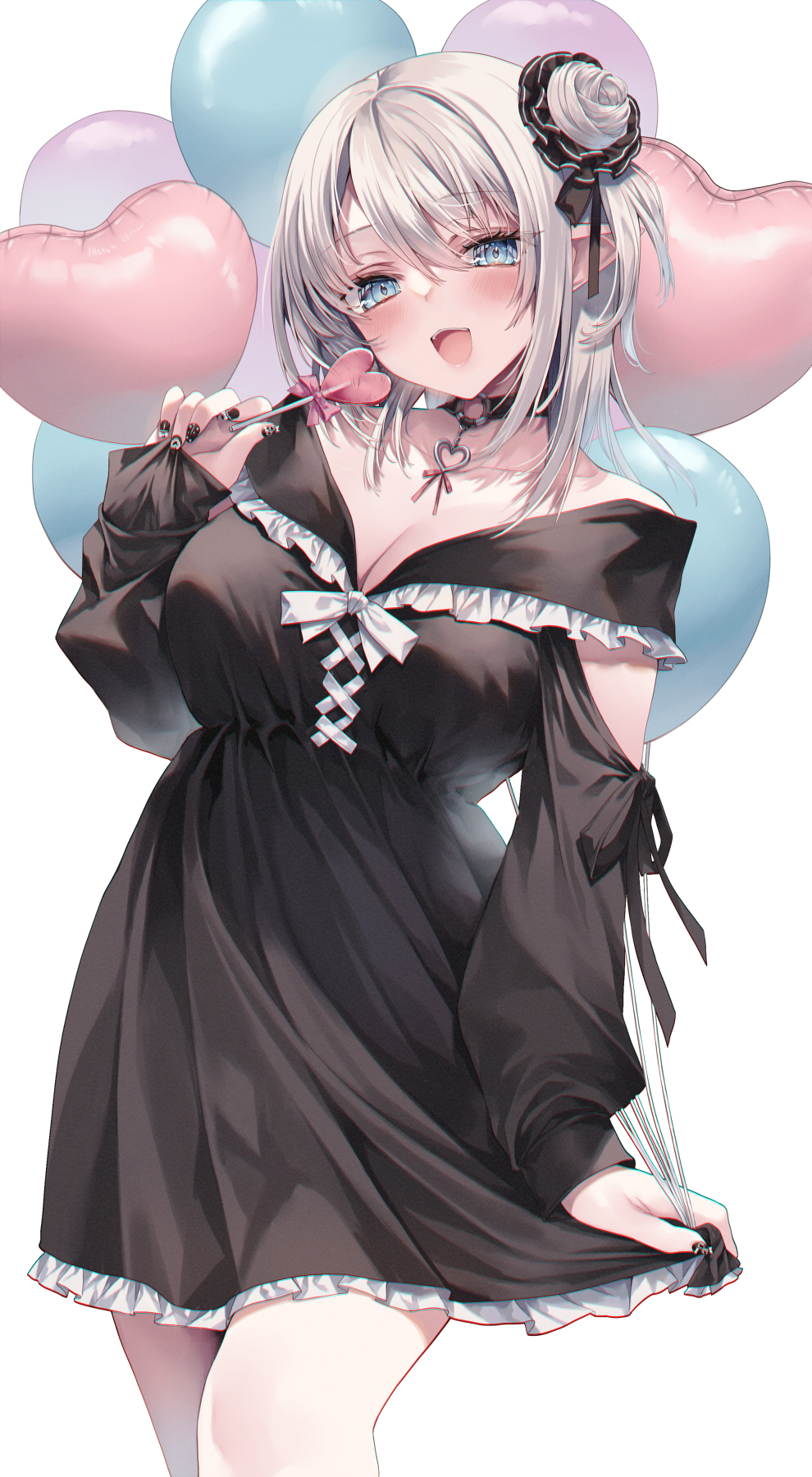 1girl balloon bare_shoulders black_dress blue_eyes blush breasts candy cleavage dress food hair_between_eyes hair_ornament highres hime_gyo holding holding_balloon holding_candy holding_food holding_lollipop large_breasts lollipop looking_at_viewer original pointy_ears simple_background smile solo white_background