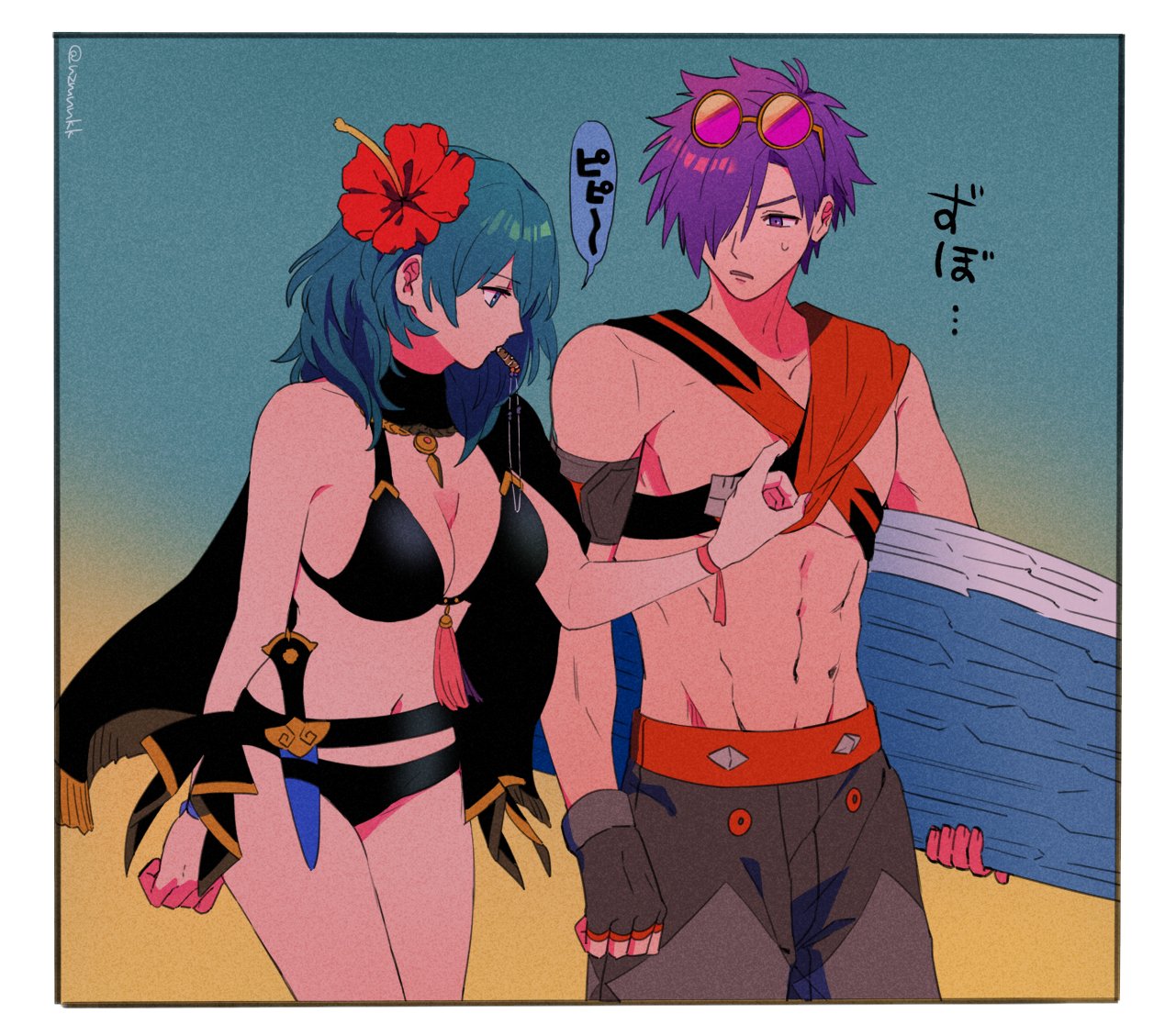 1boy 1girl abs bikini black_bikini black_cape black_gloves black_male_swimwear black_swim_trunks blue_eyes blue_hair breasts cape cleavage commentary_request eyewear_on_head female_byleth_(fire_emblem) female_byleth_(summer)_(fire_emblem) fingerless_gloves fire_emblem fire_emblem:_three_houses fire_emblem_heroes fire_emblem_warriors:_three_hopes flower gloves hair_flower hair_ornament hair_over_one_eye hibiscus hibiscus_hair_ornament holding holding_surfboard male_shez_(fire_emblem) male_shez_(summer)_(fire_emblem) male_swimwear medium_breasts muscular muscular_male navel nintendo nzmnnkk official_alternate_costume one_eye_covered profile purple_eyes purple_hair red_flower stomach sunglasses surfboard swim_trunks swimsuit translation_request twitter_username