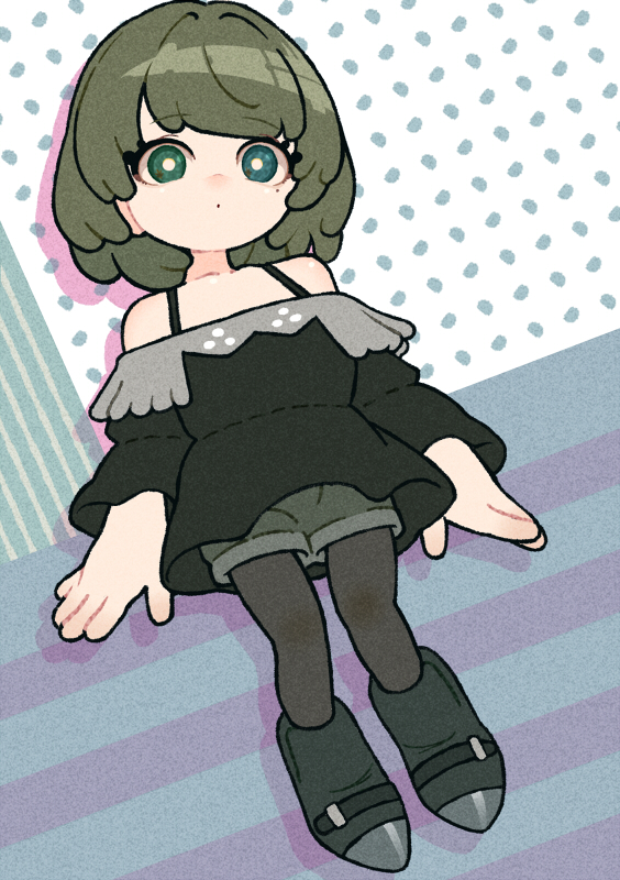 1girl bare_shoulders blue_eyes chibi commentary_request expressionless full_body green_eyes green_hair heterochromia idolmaster idolmaster_cinderella_girls looking_at_viewer mole mole_under_eye oumi_mizu pantyhose pantyhose_under_shorts shirt short_hair shorts solo takagaki_kaede