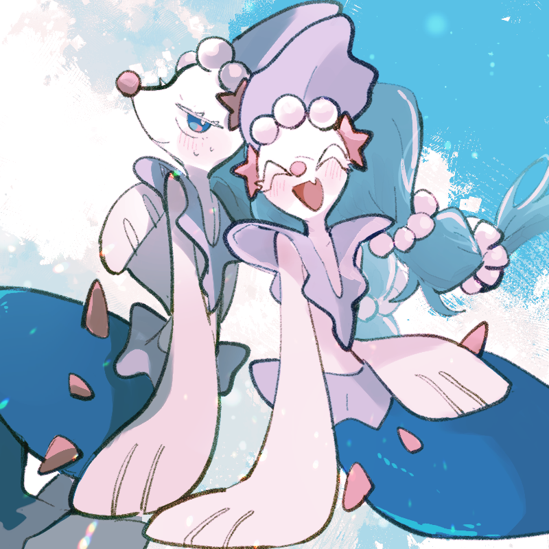 blue_eyes blue_hair blush closed_eyes closed_mouth colored_eyelashes colored_skin fang gen_7_pokemon long_hair looking_at_viewer nintendo no_humans open_mouth pokemon pokemon_(creature) pokemon_focus primarina smile sstoh sweatdrop very_long_hair white_eyelashes white_skin