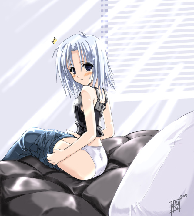 00s 1girl ^^^ bed blue_eyes blue_hair blush camisole clothes_pull female_focus looking_back matching_hair/eyes panties pants pants_pull pulling_own_clothes sakura_nitouhei sitting solo tsukihime tsukihime_souka underwear undressing white_panties