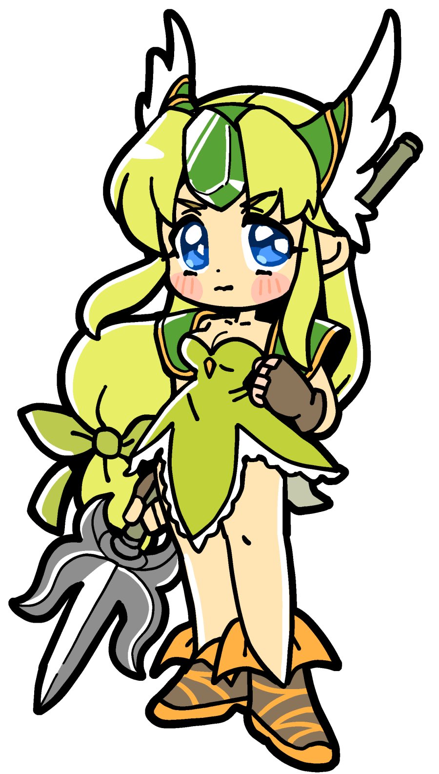 1girl armor bkub blonde_hair blue_eyes blush breasts cleavage dress forehead_jewel gloves green_dress helmet highres long_hair low-tied_long_hair pauldrons polearm riesz seiken_densetsu seiken_densetsu_3 shoulder_armor solo spear trident very_long_hair weapon winged_helmet