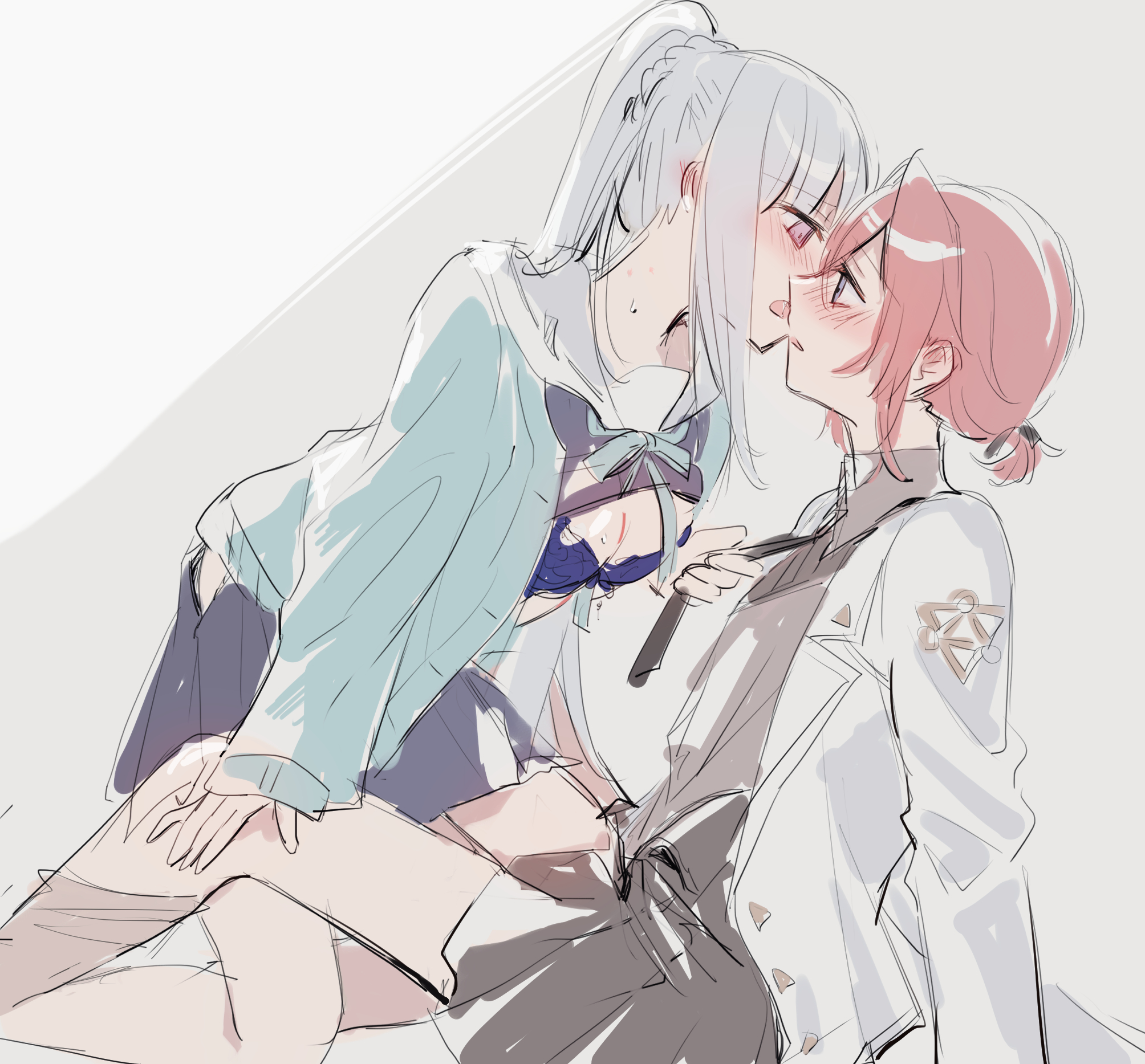 2girls ange_katrina ange_katrina_(4th_costume) black_skirt blue_bra blue_eyes bra breasts cleavage clothes_grab eye_contact hair_intakes hand_on_another's_leg highres kiss lize_helesta long_hair long_sleeves looking_at_another matsuzaka_(matsuzakagyu_29) medium_breasts multiple_girls necktie necktie_grab neckwear_grab nijisanji open_clothes open_mouth open_shirt pink_eyes pleated_skirt ponytail red_hair sailor_collar short_hair sketch skirt sleeves_past_wrists triangle underwear virtual_youtuber white_hair yuri
