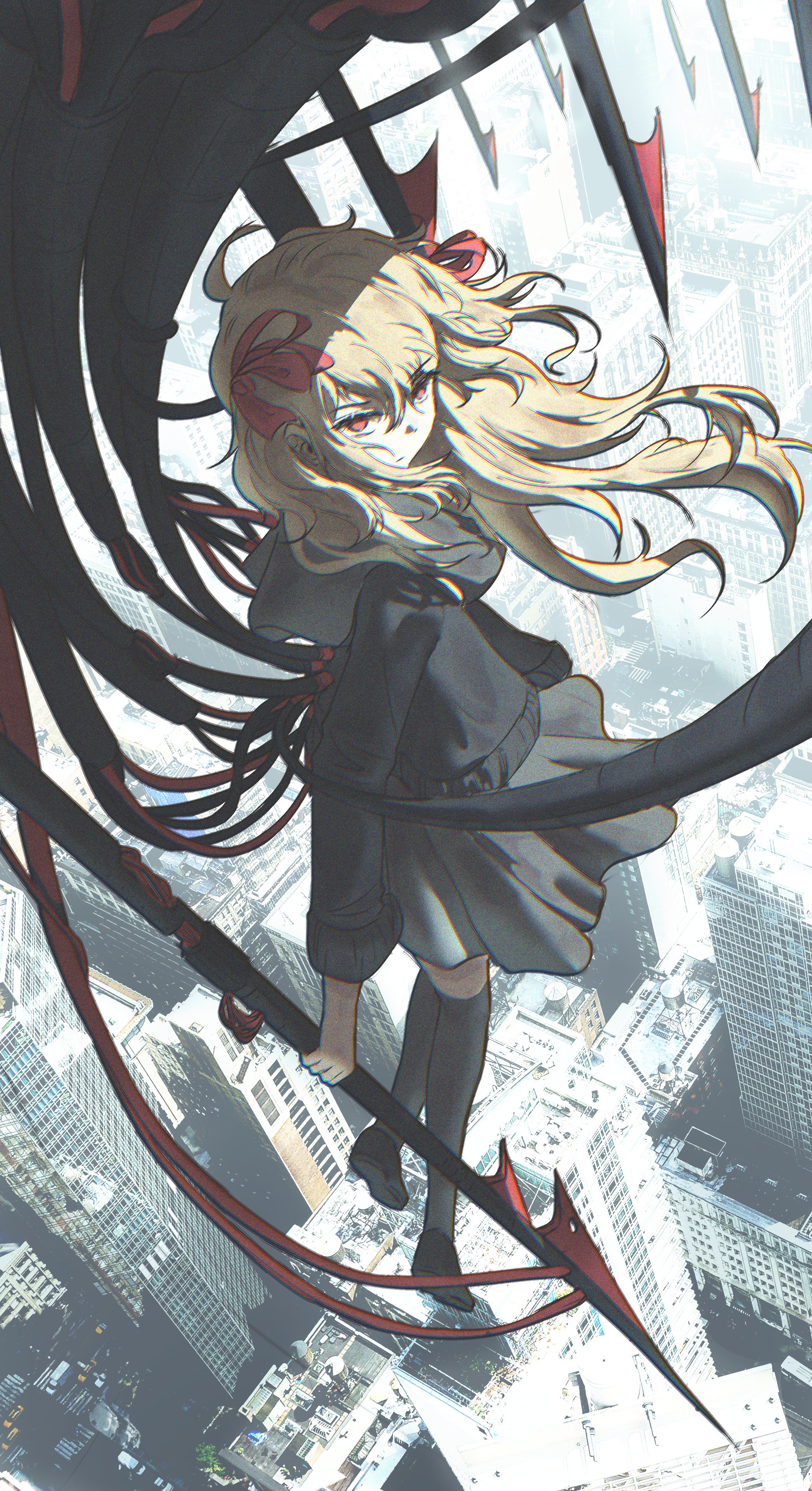 1girl absurdres ahoge black_cardigan black_shoes black_thighhighs brown_hair building cable cardigan cityscape closed_mouth commentary evil_neuro-sama floating_hair flying from_above from_side full_body grey_sailor_collar grey_skirt hair_between_eyes hair_ribbon harpoon highres holding holding_harpoon holding_weapon indie_virtual_youtuber kapxapius long_hair long_sleeves looking_at_viewer looking_to_the_side midair neuro-sama photo_background red_eyes red_ribbon ribbon sailor_collar serious shoes skirt solo thighhighs two_side_up virtual_youtuber weapon