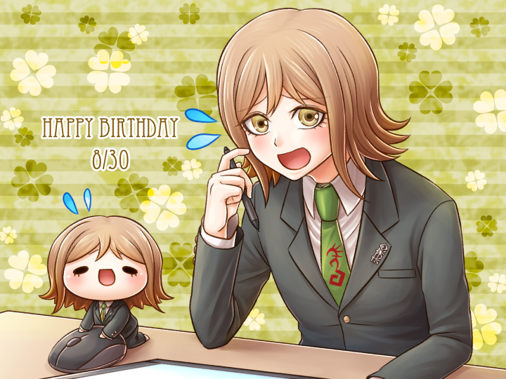 1boy :d androgynous brown_eyes brown_hair character_doll computer_mouse danganronpa_(series) danganronpa_3_(anime) green_background green_necktie grey_jacket happy_birthday holding holding_pen jacket long_sleeves male_focus mitarai_ryota necktie open_mouth pen short_hair sitting smile solo striped_background yumaru_(marumarumaru)