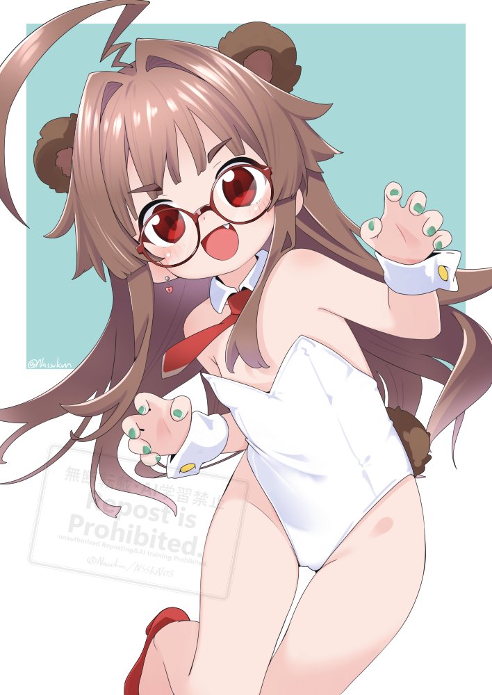 1girl ahoge alternate_costume animal_ears bear_ears bear_tail bespectacled blush brown_hair claw_pose earrings fake_animal_ears fake_tail fang fingerless_gloves flat_chest glasses gloves green_nails heart_lock_(kantai_collection) huge_ahoge jewelry kantai_collection kuma_(kancolle) leotard long_hair nassukun necktie open_mouth red-framed_eyewear red_eyes red_necktie shoes simple_background single_earring solo strapless strapless_leotard tail two-tone_background watermark white_leotard wrist_cuffs