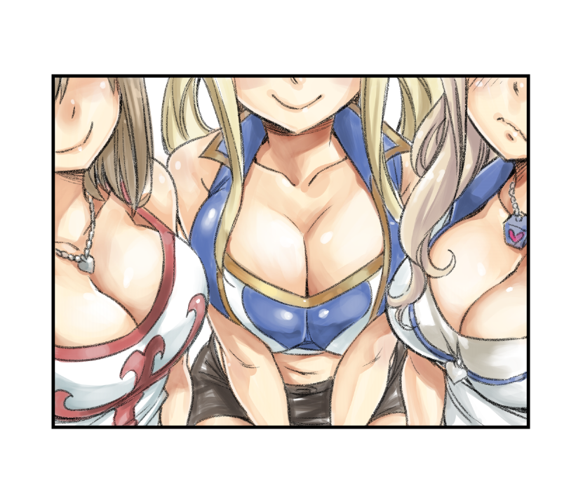 3girls bare_shoulders black_skirt blonde_hair blue_vest border breast_focus breasts cleavage closed_mouth collarbone commentary_request crossover eden&#039;s_zero elie_(rave) fairy_tail head_out_of_frame large_breasts lucy_heartfilia mashima_hiro medium_hair midriff multiple_girls navel open_clothes open_vest rave_(manga) rebecca_bluegarden shirt skirt smile trait_connection vest wavy_mouth white_border white_shirt