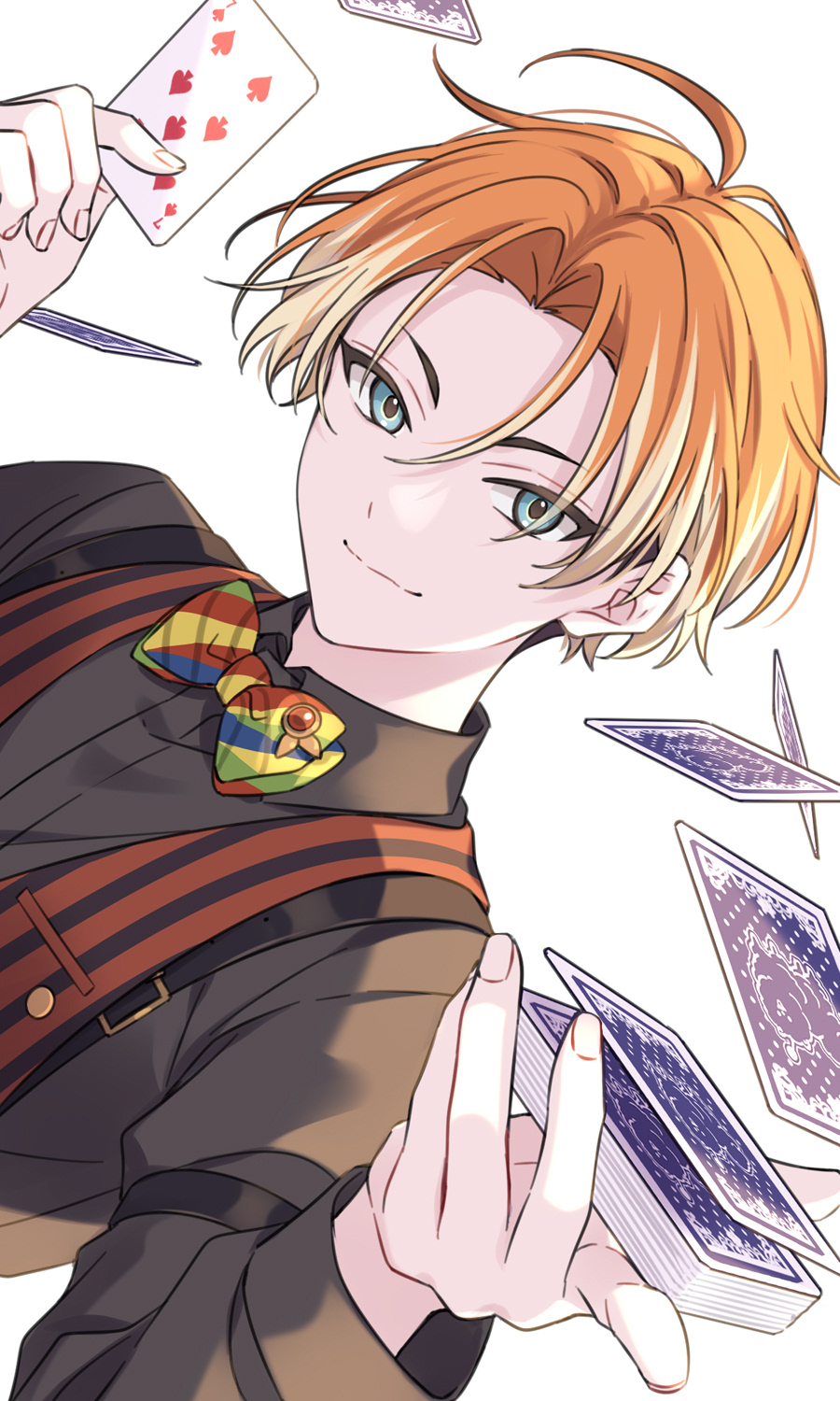 18trip 1boy alternate_costume aqua_eyes black_shirt bow bowtie card chest_harness closed_mouth collared_shirt deck_of_cards dress_shirt hair_behind_ear hair_between_eyes hands_up harness highres holding holding_card isotake_akuta long_sleeves looking_at_viewer male_focus multicolored_bow multicolored_bowtie multicolored_hair orange_hair playing_card sekina shirt simple_background smile striped_clothes suspenders two-tone_hair vertical-striped_clothes white_background