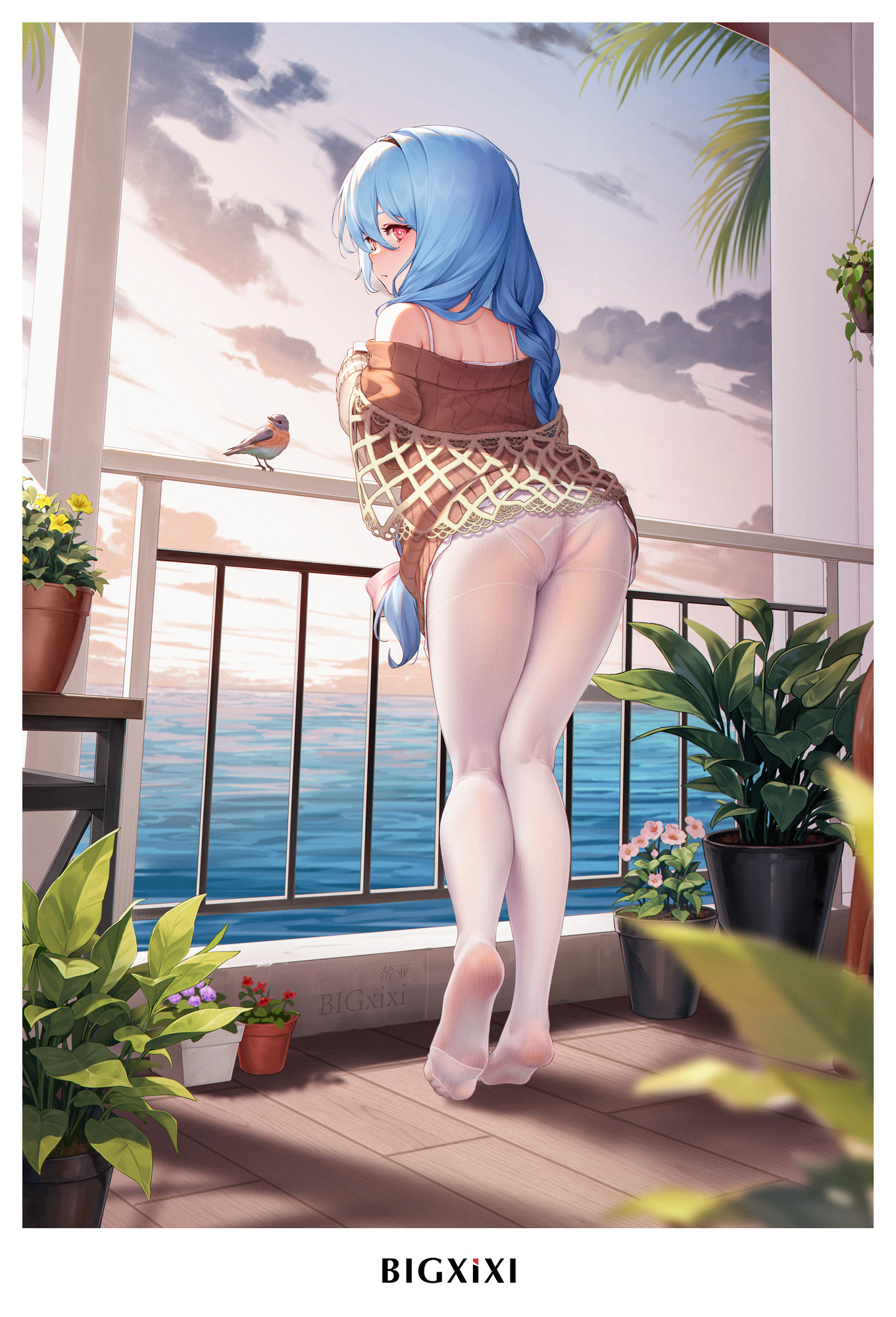 1girl ass beach bigxixi bird blue_hair feet highres long_hair ocean off_shoulder panties panties_under_pantyhose pantyhose plant potted_plant red_eyes soles toes underwear white_pantyhose