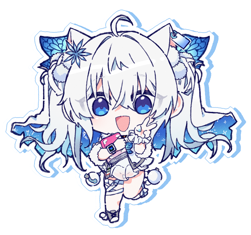 1girl :d ahoge animal_ear_fluff animal_ears bandaged_leg bandages blue_eyes blue_nails butterfly_hair_ornament chibi double_bun fake_animal_ears fur-trimmed_sleeves fur_trim goddess_of_victory:_nikke hair_between_eyes hair_bun hair_ornament jacket light_blush long_hair momomeno_(matis_saikou) n102_(miracle_fairy)_(nikke) n102_(nikke) nail_polish official_alternate_costume open_mouth pleated_skirt pom_pom_(clothes) ribbon scrunchie short_sleeves short_twintails simple_background skirt smile snowflake_hair_ornament solo twintails white_background white_footwear white_hair white_jacket white_skirt wrist_scrunchie