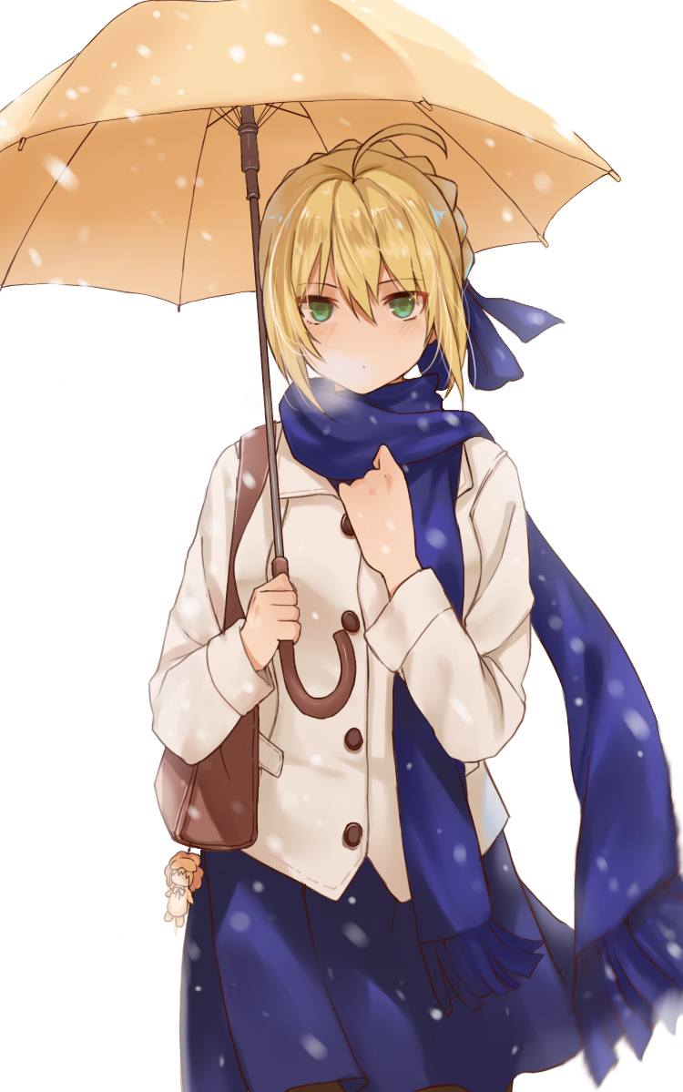 1girl ahoge artoria_pendragon_(fate) bag black_pantyhose blonde_hair blue_skirt blush breasts breath character_doll charm_(object) coat fate/stay_night fate_(series) female_focus green_eyes long_sleeves mizu_(dl7613) no_nose official_alternate_costume pantyhose saber_(fate) saber_lion scarf short_hair shoulder_bag skirt snow snowing solo umbrella white_background