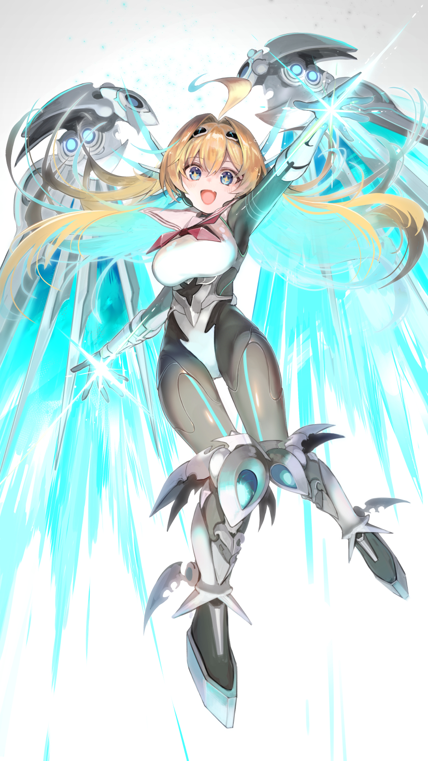1girl ahoge android arm_up blonde_hair blue_eyes blue_hair breasts fang flying full_body hair_between_eyes hair_intakes hair_ornament highres large_breasts long_hair looking_at_viewer mechanical_legs mechanical_wings multicolored_hair open_mouth outstretched_arms ralmia_(shadowverse) sailor_collar shadowverse simple_background smile solo star-shaped_pupils star_(symbol) symbol-shaped_pupils thrusters two-tone_hair white_background wings yuki_(popopo)
