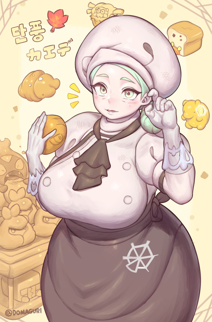 1girl blush breasts charjabug commentary_request domaguri gen_5_pokemon gen_7_pokemon gen_8_pokemon gloves hat karrablast katy_(pokemon) large_breasts looking_at_viewer nintendo pokemon pokemon_sv snom solo swadloon tarountula translation_request white_gloves white_hat
