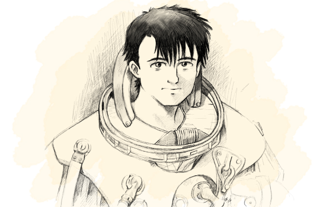 1boy ajthefourth astronaut black_hair greyscale honneamise_no_tsubasa looking_at_viewer male_focus monochrome pen_(medium) shirotsugh_lhadatt simple_background solo traditional_media white_background