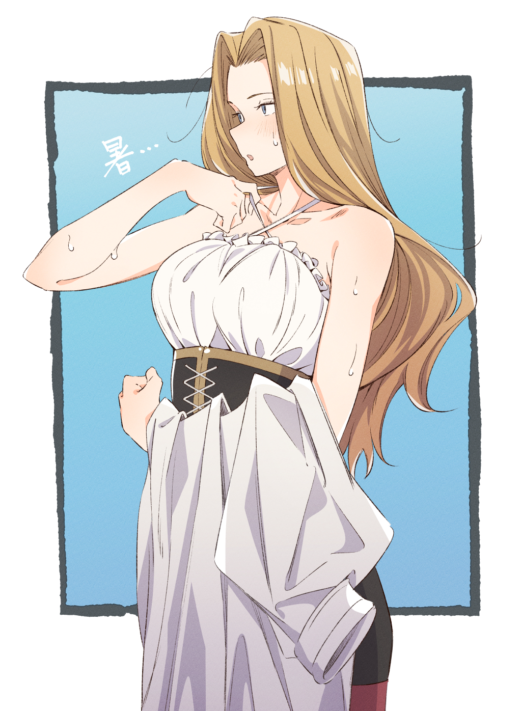 1girl adjusting_clothes bare_arms bare_shoulders black_border blonde_hair blue_background blush border breasts cloak collarbone corset cowboy_shot criss-cross_halter cross-laced_clothes eitopondo frills grey_eyes halterneck hand_up highres hot large_breasts long_hair looking_ahead methode_(sousou_no_frieren) outside_border pantyhose parted_bangs profile red_pantyhose solo sousou_no_frieren strap_gap sweat unworn_cloak white_cloak