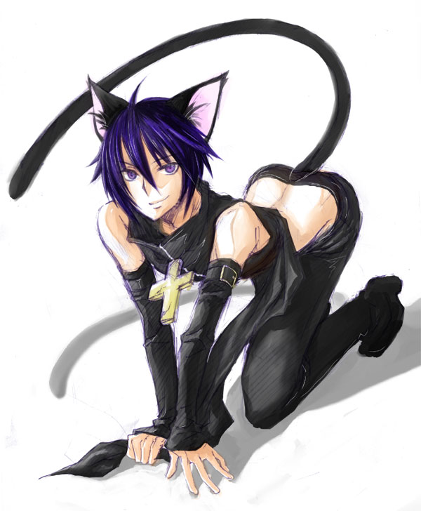 1boy all_fours animal_ears bare_shoulders black_lynx blue_hair cat_boy cat_ears cat_tail cross detached_sleeves latin_cross magical_boy male_focus purple_eyes shugo_chara! solo tail tsukiyomi_ikuto