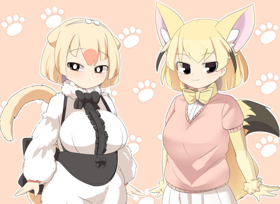 2girls animal_ear_fluff animal_ears black_bow black_bowtie blonde_hair blush bow bowtie breasts brown_eyes center_frills closed_mouth collared_shirt colored_skin commentary_request cowboy_shot fennec_(kemono_friends) fox_ears fox_tail frills hair_bow kemono_friends large_breasts lets0020 looking_at_viewer multicolored_hair multiple_girls paw_print paw_print_background pink_background pink_sweater shirt short_hair silky_anteater_(kemono_friends) smile sweater tail white_bow white_shirt white_skin yellow_bow yellow_bowtie