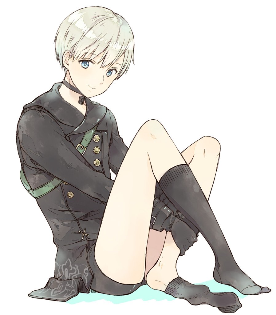 1boy black_choker black_gloves black_jacket blue_eyes choker gloves grey_hair jacket kneehighs kneehighs_pull male_focus nier_(series) nier:automata sami_(3a3i3a3i) short_shorts shorts sitting smile socks solo 9s_(nier:automata)
