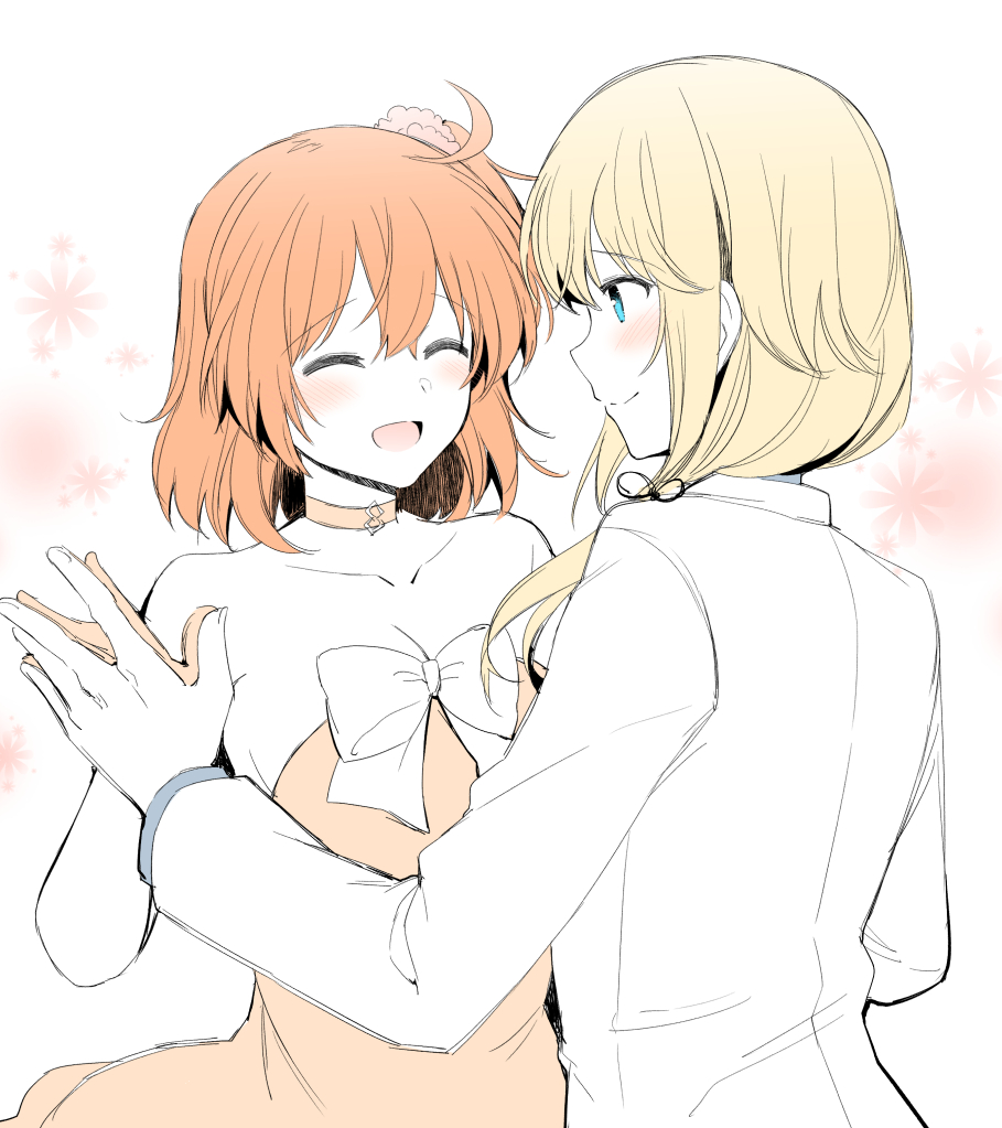 1girl 1other :d ^_^ ahoge bare_shoulders black_ribbon blonde_hair blue_eyes blush bow breasts chevalier_d&#039;eon_(fate) choker cleavage closed_eyes closed_mouth collarbone dress fate/grand_order fate_(series) floral_background formal_clothes fujimaru_ritsuka_(female) fujimaru_ritsuka_(female)_(starlight_fest) gloves hair_over_shoulder hair_ribbon holding_hands jacket long_hair long_sleeves medium_breasts official_alternate_costume one_side_up open_mouth orange_hair pink_choker pink_dress pink_gloves profile ribbon rui_shi_(rayze_ray) short_hair smile strapless strapless_dress upper_body white_bow white_jacket