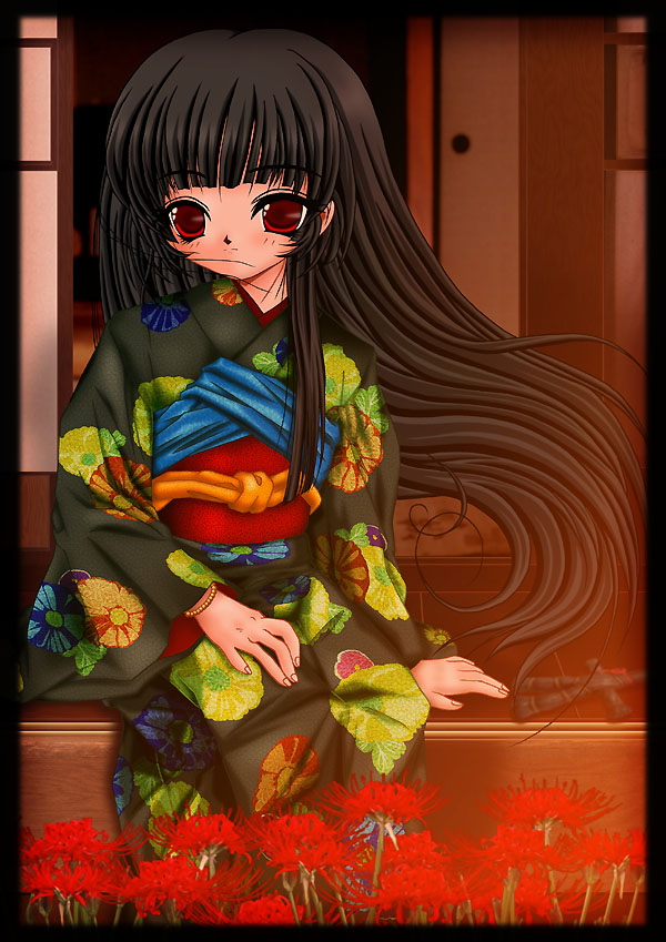 1girl black_hair commentary_request dusk enma_ai expressionless floating_hair flower japanese_clothes jigoku_shoujo kamukamu_(kazewatari) kimono long_hair red_eyes sitting solo spider_lily straw_doll twilight veranda wind