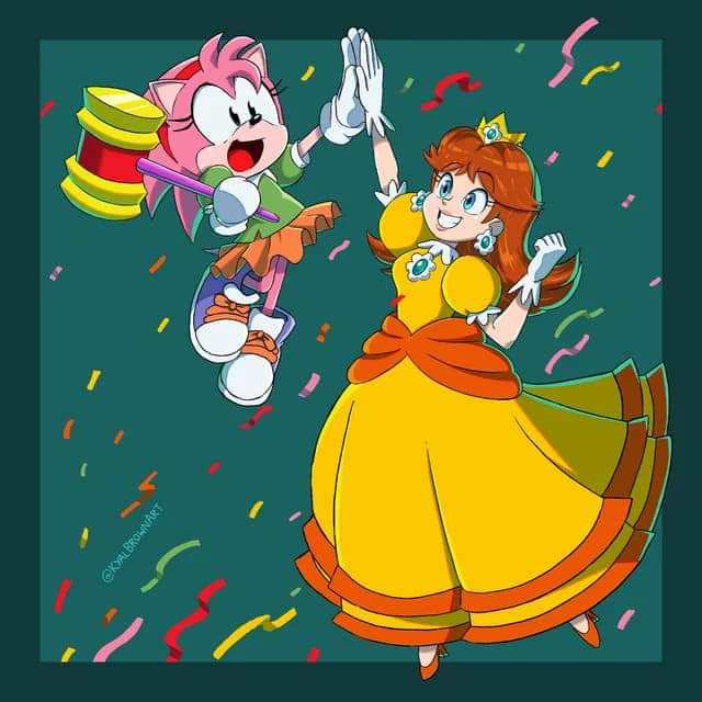 2girls amy_rose blue_eyes brooch brown_hair confetti crown dress earrings flower_earrings gloves grin hammer happy high_five high_heels jewelry jump mario_(series) multiple_girls nintendo open_mouth orange_dress princess_daisy puffy_short_sleeves puffy_sleeves sega short_sleeves smile sonic_(series) sonic_superstars sonic_the_hedgehog_(classic) super_mario_bros._wonder tomboy