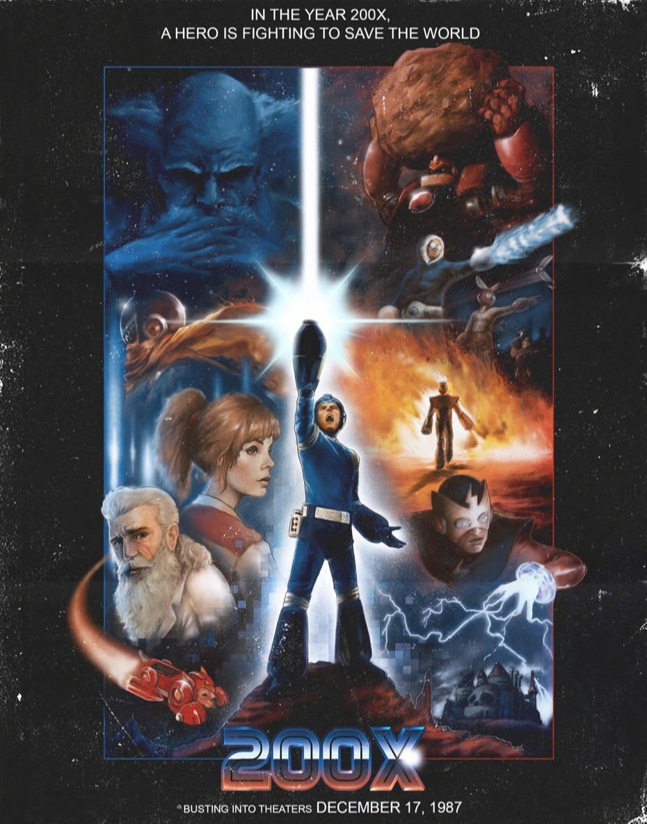 1girl 6+boys beard blue_bodysuit bodysuit bomb_man brown_hair cut_man dr._light_(mega_man) dr._wily_(mega_man) electricity english_text facial_hair fire_man guts_man helmet ice_man interlocked_fingers josh_ketchen mega_man_(character) mega_man_(classic) mega_man_(series) mega_man_1 movie_poster multiple_boys mustache non-humanoid_robot old old_man proto_man realistic robot robot_animal robot_dog roll_(mega_man) rush_(mega_man) scarf white_hair