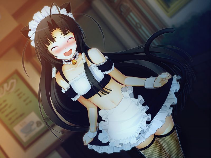 1girl animal_ears bare_shoulders bell black_hair blunt_bangs blush cat_ears cat_tail closed_eyes collarbone embarrassed fishnets flat_chest game_cg long_hair maid maid_headdress midriff navel oki_kiki open_mouth straight_hair sumaga tail thighhighs tsuji_santa wrist_cuffs zettai_ryouiki