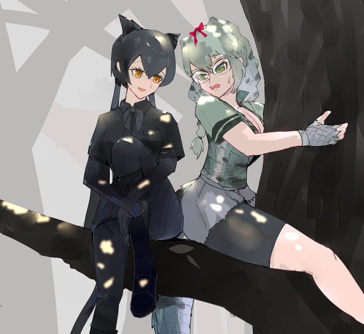 2girls animal_ears bare_arms bike_shorts bike_shorts_under_shorts black_bow black_bowtie black_hair black_leopard_(kemono_friends) black_shirt black_shorts black_skirt bodystocking bow bowtie braid branch breasts cleavage collared_shirt crocodilian_tail dappled_sunlight day fingerless_gloves fog glasses gloves green_eyes green_hair grey_gloves grey_shorts hair_between_eyes hair_bow in_tree kemono_friends kemono_friends_2 knee_up large_breasts leopard_ears leopard_girl leopard_tail long_hair looking_at_another microskirt multicolored_hair multiple_girls nervous orange_eyes outdoors parted_lips red_bow shirt short_shorts short_sleeves shorts shorts_under_shorts sitting sitting_in_tree skirt smile spectacled_caiman_(kemono_friends) sunlight tail tree twin_braids twintails very_long_hair vest wing_collar yappa_muri
