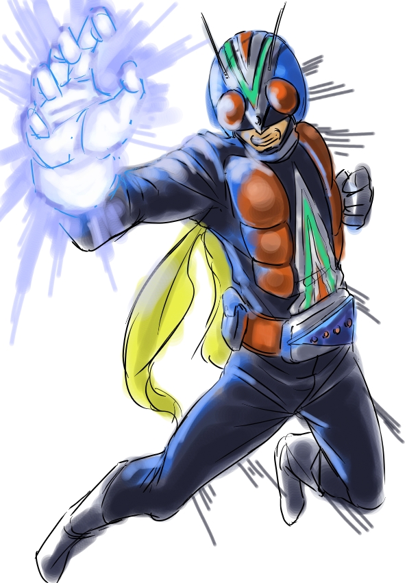 1boy antennae bad_id bad_pixiv_id belt foreshortening glowing kamen_rider kamen_rider_v3_(series) kuppipi_ramutarou male_focus riderman scarf sketch solo white_background